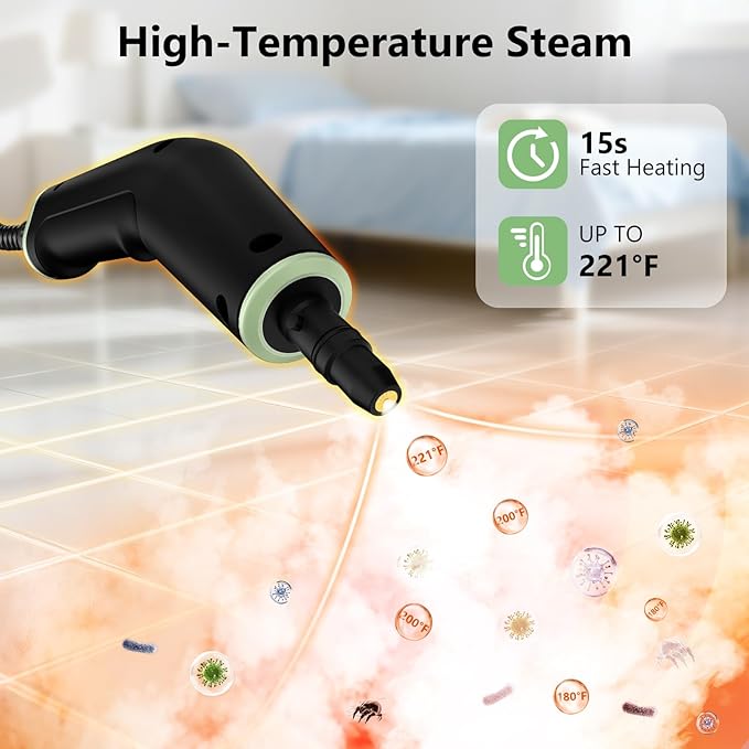 Steam Cleaner Portable Steamer for Cleaning with 16pcs Accessories 6-Level Adjustable 15s Heat-Up Handheld Steam Cleaner for Home for Tile Grease Dirt Grout Car Detailing Green