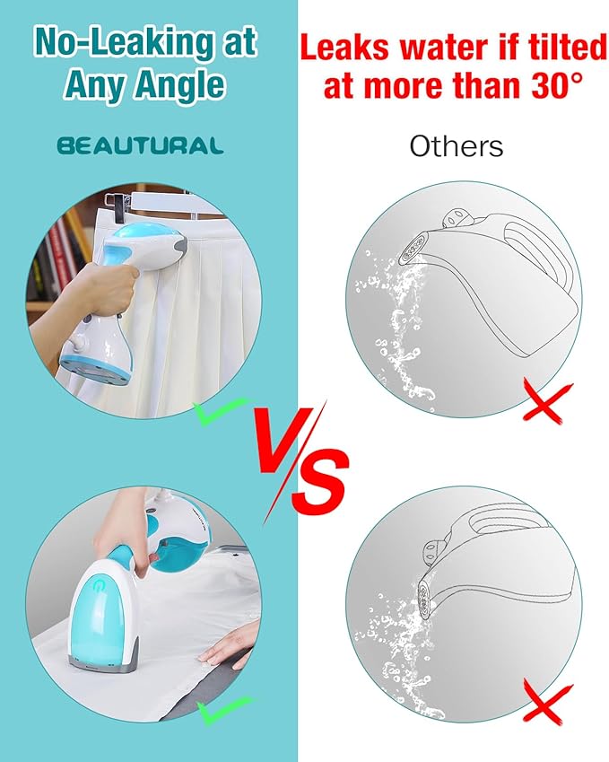 BEAUTURAL Steamer for Clothes Portable Handheld Garment Fabric Wrinkles Remover 30-Second Fast Heat-up Auto-Off Large Detachable Water Tank
