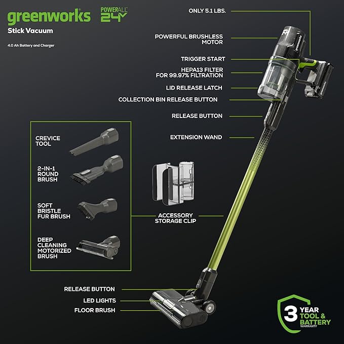 Greenworks 24V Brushless Cordless Stick Vacuum Lightweight Handheld Pet Anti-Allergen HEPA Filtration Hard Floor Carpet Car 4Ah Battery and 30-Minute Charge Time (Green)