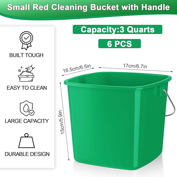 Zhehao 6 Pcs 3 Quart Bucket for Cleaning Small Sanitizer Bucket for Restaurant Square Plastic Pail with Handles for Home Offices Commercial Use Food Service(Dark Green)