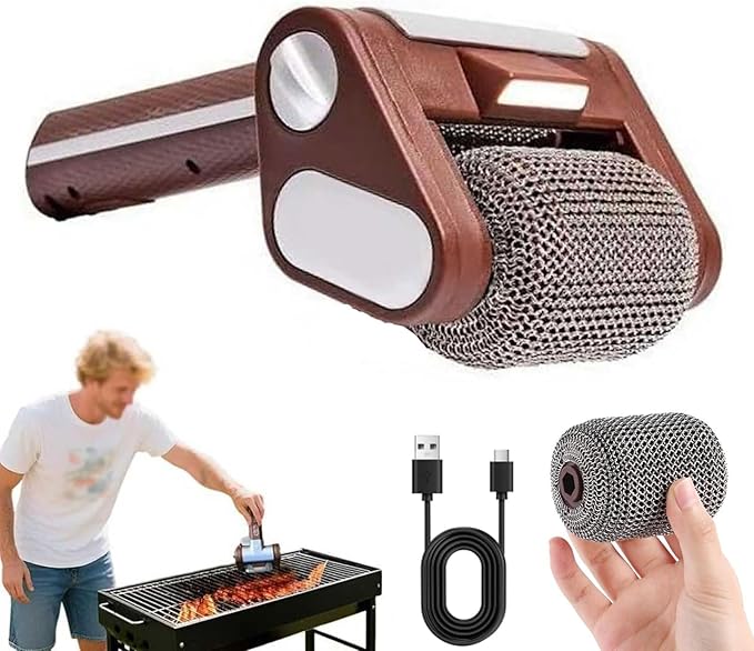 Cordless Electric Grill Cleaner with LED 350 RPM Bristle-Free BBQ Brush Rechargeable Stainless Steel Roller for Grates Dishwasher Safe