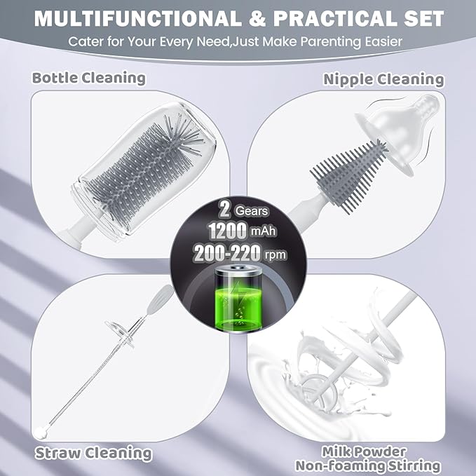 IvyWind Electric Travel Baby Bottle Brush Set with Storage Box Automatic Bottle Cleaner Brush Kit with Silicone Bottle/Nipple/Straw Brush Milk Frother Electric and Drainage Rack Rechargeable Gray