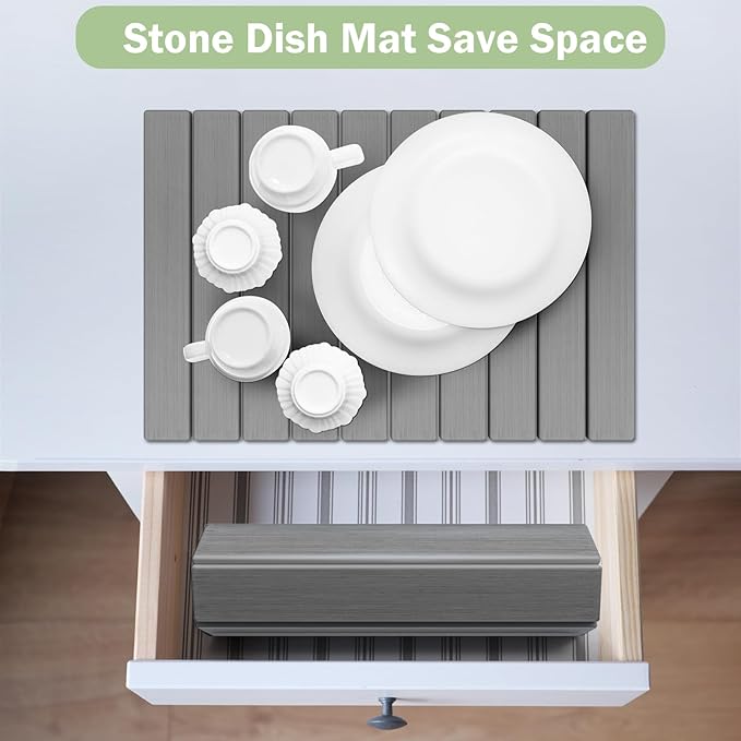 Stone Dish Drying Mat for Kitchen Counter24(L)×16(W) Collapsible Fast-Drying Diatomaceous Earth Mats with Towel Sanding ToolVersatile Stone Drying Mats for Cups Dishes Bottles