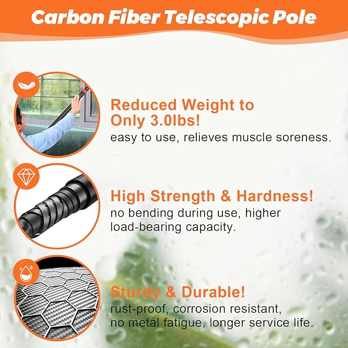 Window Washing Kit with Extension Pole 4.7 to 24FT Long Squeegee for Window Cleaning Indoor Outdoor Carbon Fiber Telescopic Pole for Window Cleaner Tool with Microfibre Pad &amp Chenille Cloth