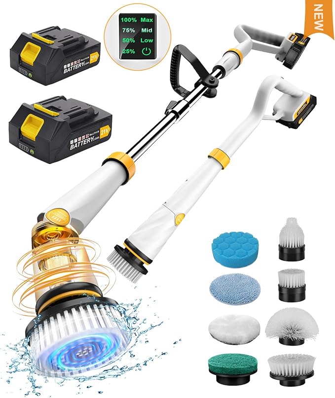 Qimedo Electric Spin Scrubber with Two Batteries Q2 Pro1500 RPM High Power Electric Scrubber for CleaningShower Cordless Cleaning Brush with Display for Tub/Tile/Floor (Effortless Handle/8 Brushes)