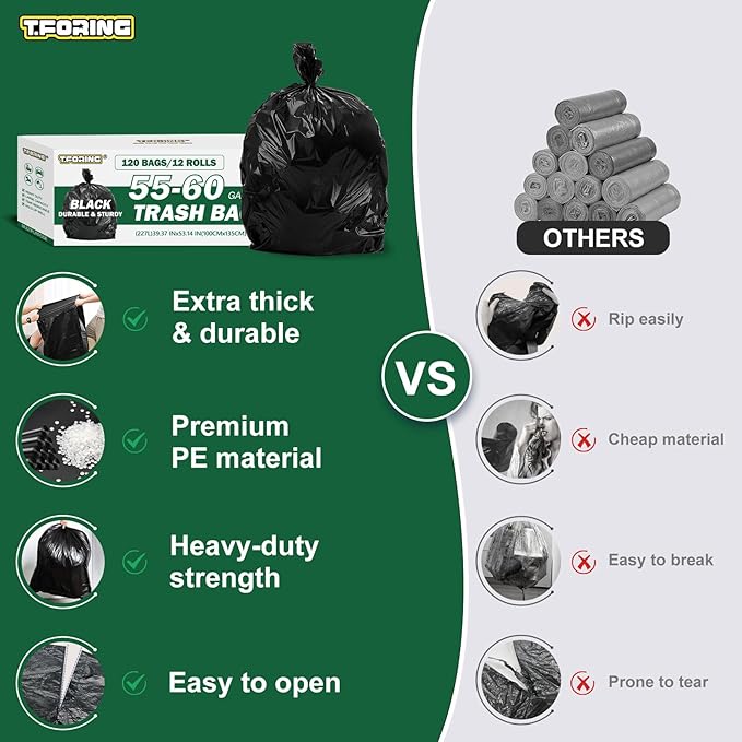 55-60 Gallon Black Trash Bags 120 Count - 40''x53'' Extra Large 50+ Gallon Garbage BagsUnscented Strong Huge Can Liners for Construction Industrial Yard Outdoor Commercial