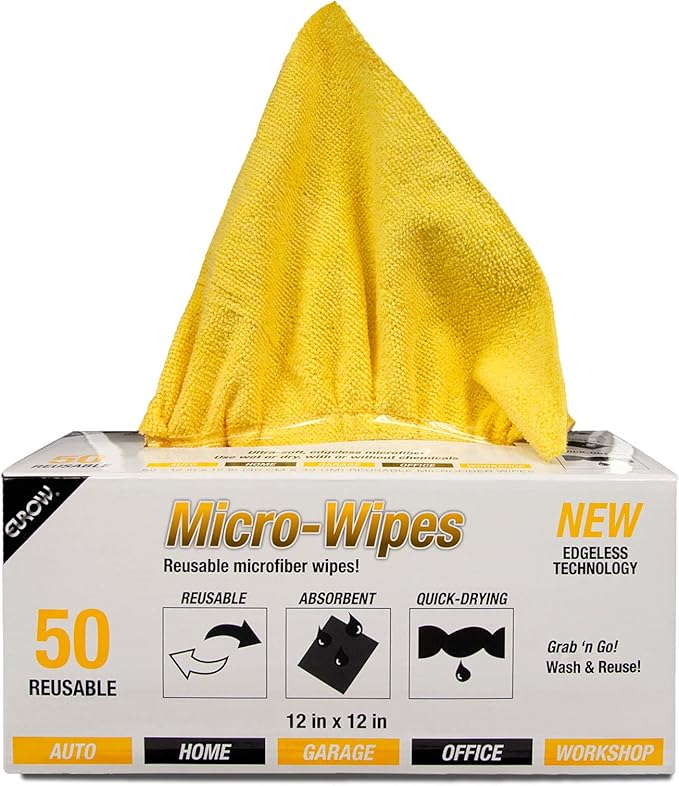 Eurow 200GSM Microfiber Cleaning and Drying Cloths with Dispenser Box Reusable Streak-Free Scratch-Free Ultra Absorbent Edgeless for All Surface Types 12x12in 50-Pack Yellow
