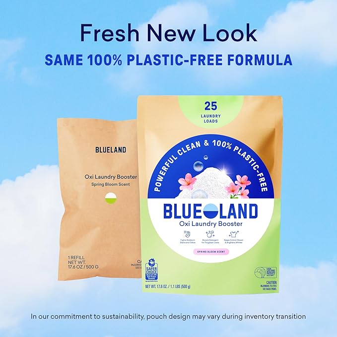 BLUELAND Oxi Laundry Booster Powder with Tin Starter Set Spring Bloom Scent 25 Loads 17.6 oz Plastic-Free Eco Friendly Oxy Cleaner Stain Remover