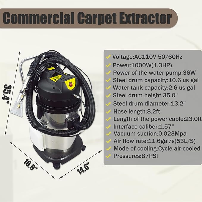 Commercial Carpet Cleaner Machine 40L/11Gal Heavy-Duty 3-in-1 Extractor Machine (SprayVacuumWash) for Hotel/Office with 23ft Cord &amp Steel Drum 1000W 110V