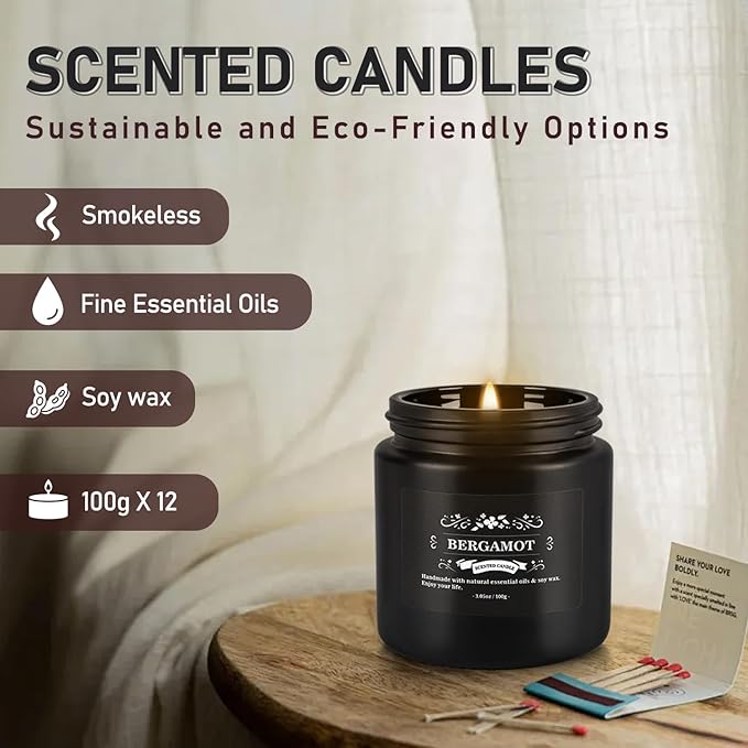 Scented Candle Set 12 PackBlack Candle for Home Scented Odor Eliminating Stress Relief Long Lasting Soy Wax Gift Set