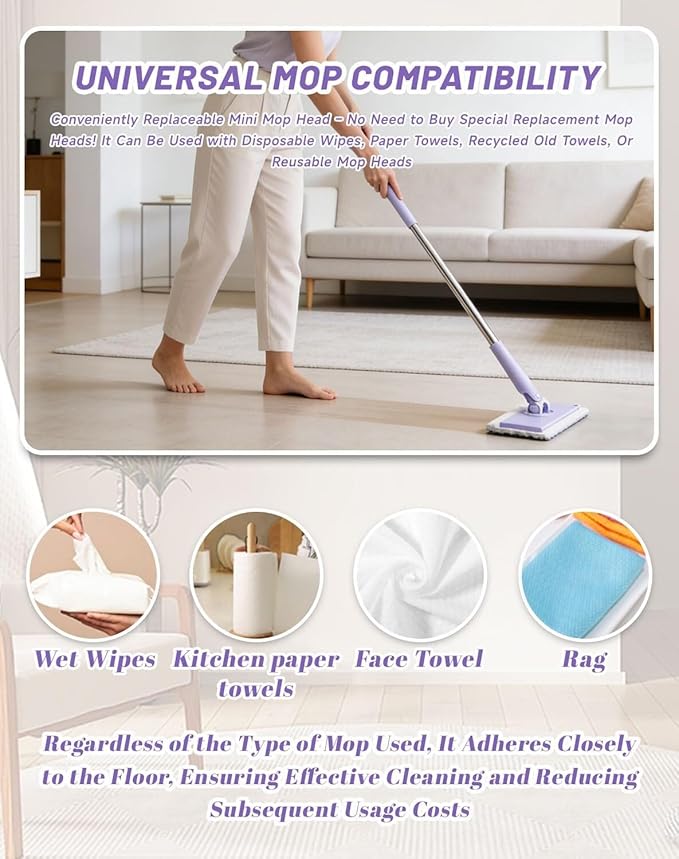 Snap Grip Mini Mop Convenient Cloth Changing Mini Mop Retractable Gap Dust Cleaner Flat Mops with Locking Head &amp Sweeping Cloths 40inch Handle for Multi-Surface No Wash(Purple 70cm)