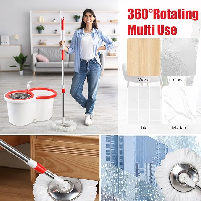 Spin Mop and Bucket with Wringer Set 360° Spinning Mop Bucket System with 6 Microfiber Mop Replacement Heads and 61 Stainless Steel Adjustable Handle for Floor Cleaning (20QT)