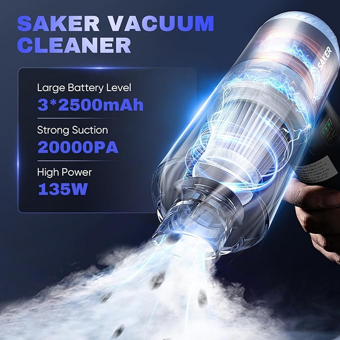 Saker Car Vacuum Portable Cordless 20000Pa Suction Power 4 in 1 Handheld Vacuum with LED Light Type-C Portable Mini Vacuums for Gifts Car Home Office Pet HL157 Blue