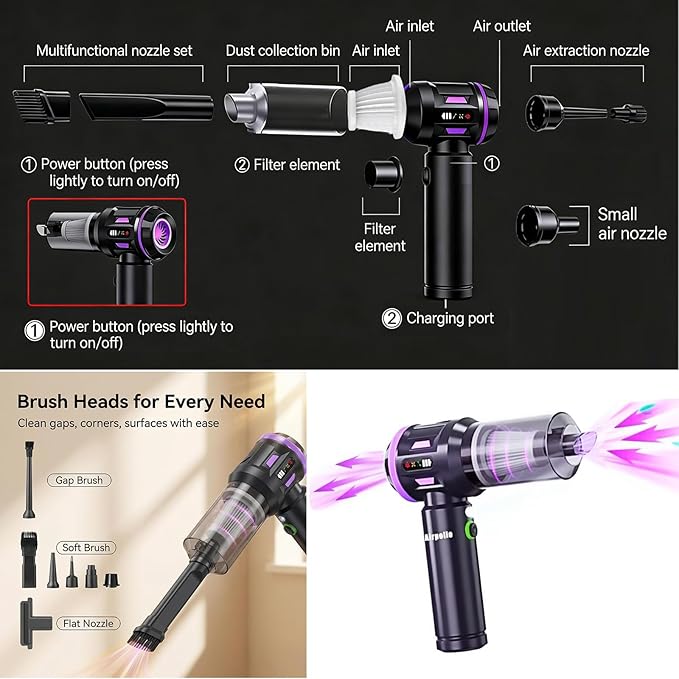 Airpollo® Car Vacuum Portable Cordless Handheld Cleaner Aspiradora para Carro 4 in 1 with LED Screen V2 Portable 29000 Pa Suction Air Blower Rechargeable High Power for Home Long Lasting Battery