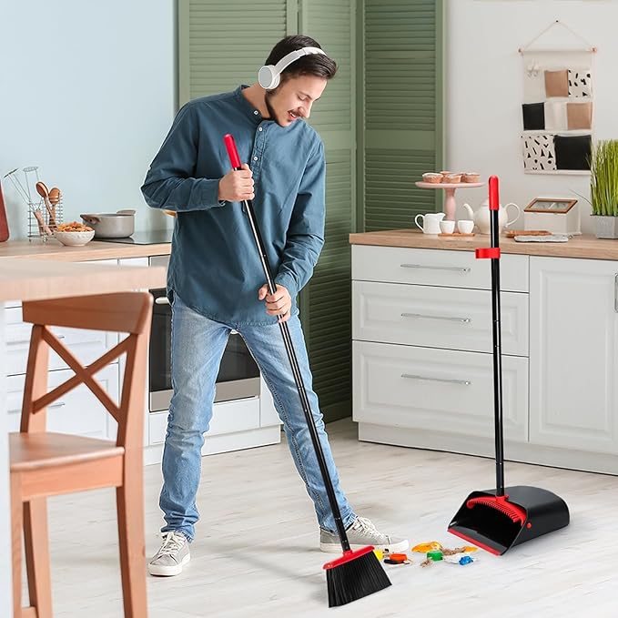 TreeLen Dust Pan and Broom/Dustpan Cleans Broom Combo with 52 Long Handle for Home Kitchen Room Office Lobby Floor Use Upright Stand Up Broom and Dustpan Set - Black/Red