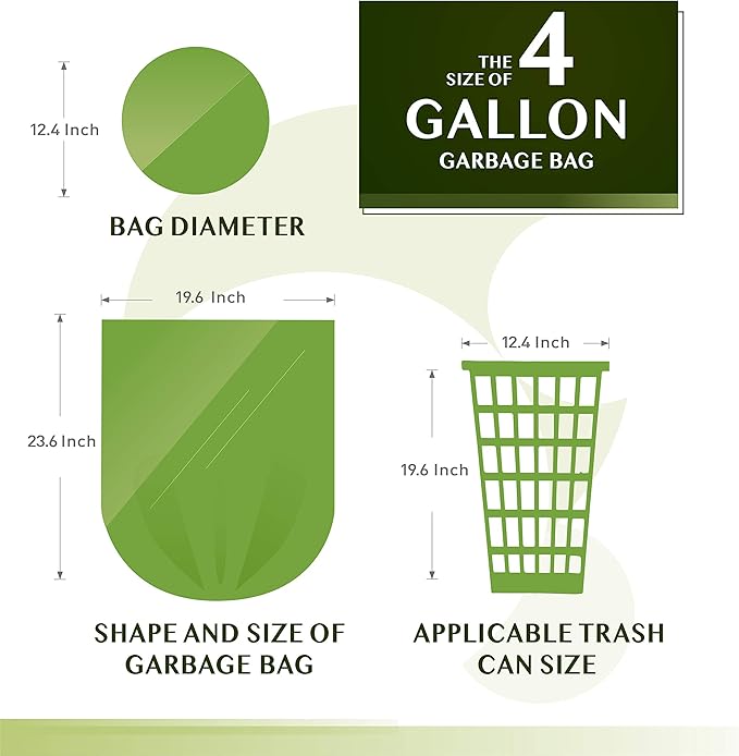 FORID 4 Gallon Garbage Bags 150 Count Unscented Strong Trash Can Liners 15 Liter Wastebasket Bags for Kitchen Bathroom Home Office Green
