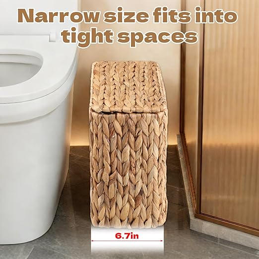 Wicker Trash Can with Lid and Liner Bathroom Trash Can with Lid Natural Water Hyacinth Wicker Waste Basket Boho Rattan Garbage Wastebasket for Bedroom Living Room Office Kitchen