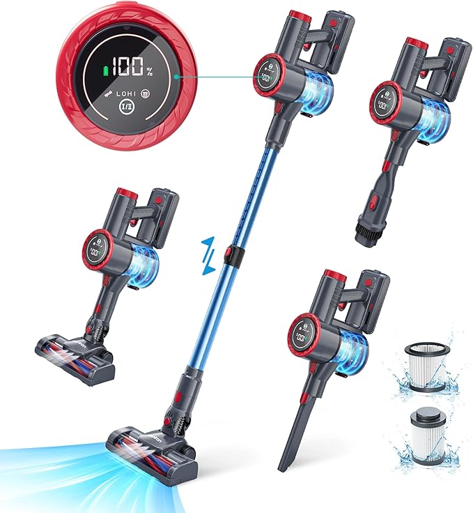 Aspiron Cordless Vacuum Cleaner Vacuum Cleaners for Home Powerful Suction with Large LED Touch Display Rechargeable Stick Vacuum LED Headlights Handheld Vacuum for Hard Floors Carpets Sofa Car