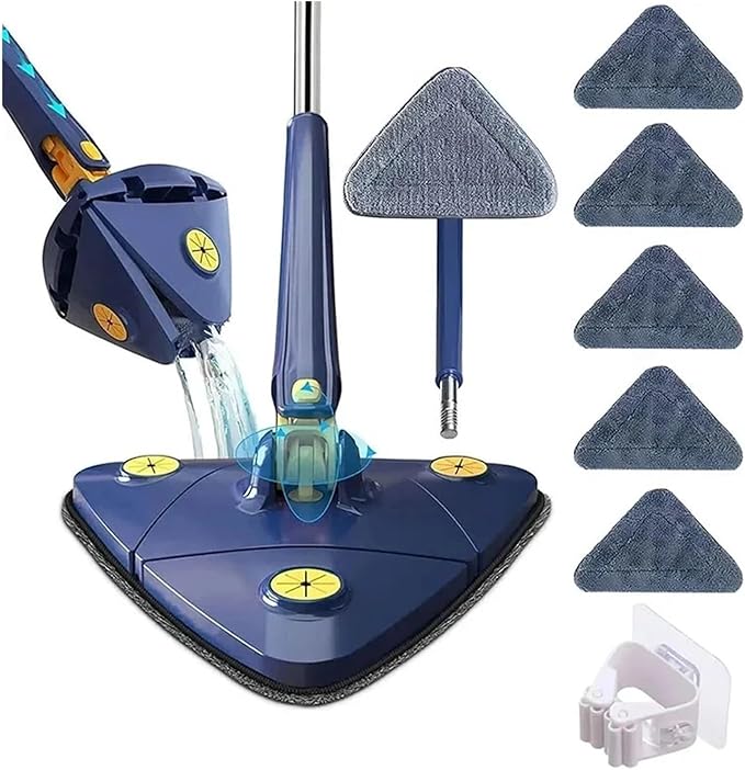 360° Swivel Telescopic Triangle Mop Cleaning Adjustable Squeeze Wet and Dry Using Absorbent Household Floor Tools(White 5pcs Cloth)