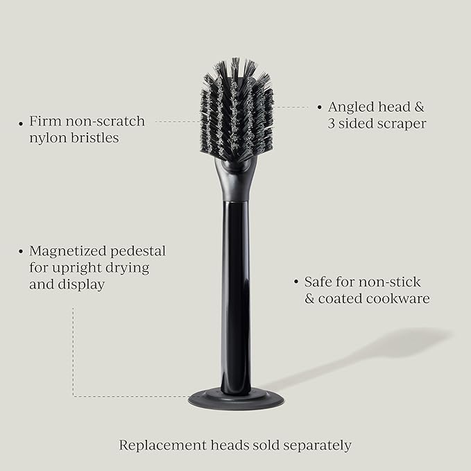 Ionic Dish Brush Magnetized to Stand Upright Stainless Steel with Replaceable Head Onyx/Black