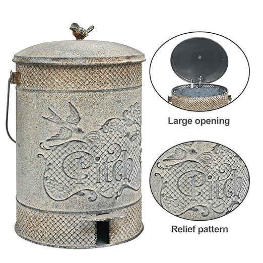 Farmhouse Garbage Can with Lid Indoor Outdoor Trash Can with Embossed Bird and Flowers PatternMetal Retro Kitchen Trash Can with Lid for Kitchen Room and Garden Decor (Grey)