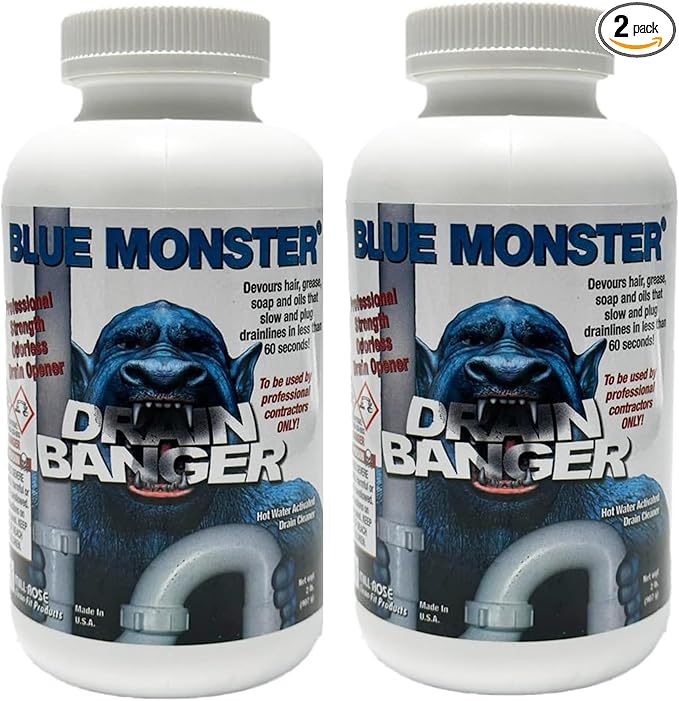 Drain Banger Drain Cleaner – 2 Pack. Unscented Professional Formula – Devours Hair Grease Soap &amp Oil in 60 Seconds – Safe for Plumbing Fixtures &amp Septic Systems 2lbs