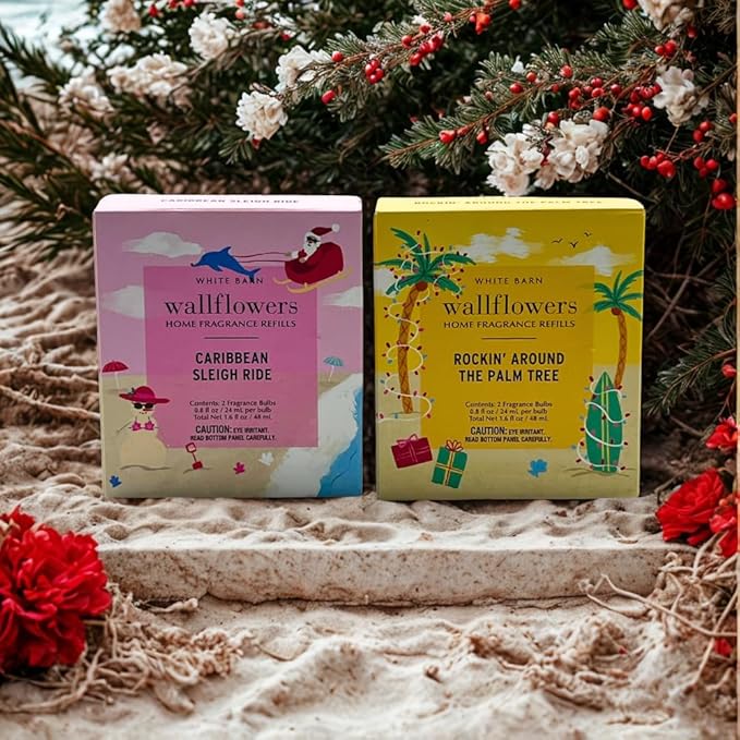 Bath &amp Body Works Wallflowers Refills Christmas Scents 4-Bulb Bundle – Holiday Tropical &amp Coastal Collection 2-Pack Gift Set with a Blue Bow (Caribbean Sleigh Ride + Rockin’ Around The Palm Tr