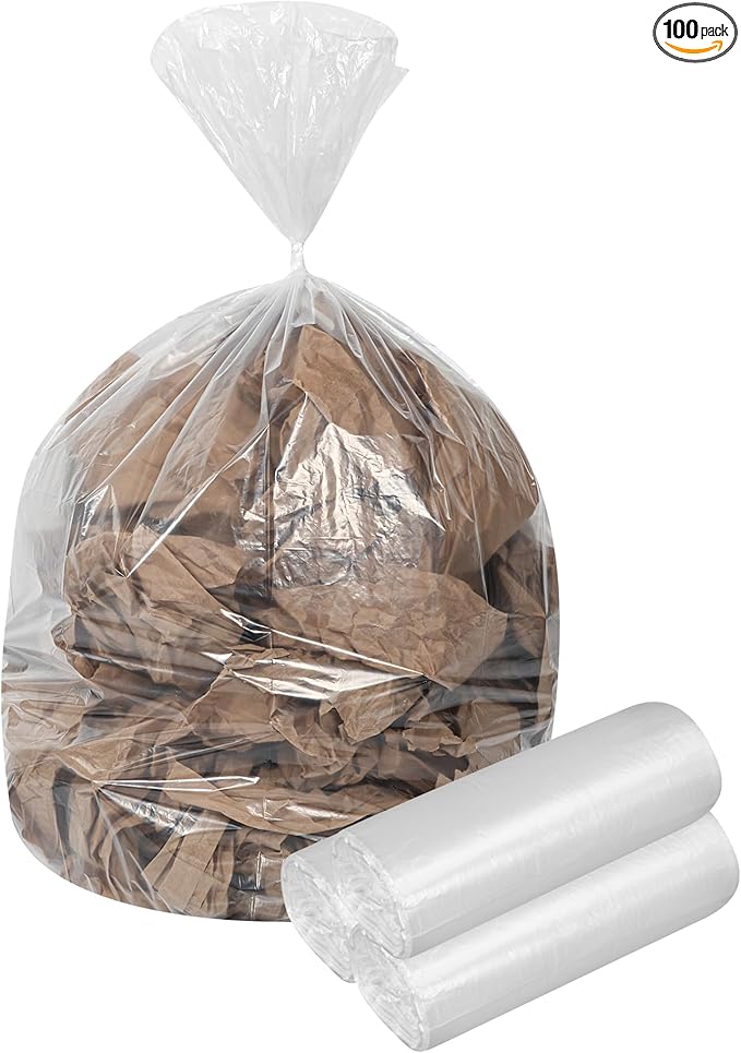 Restaurantware-RW Clean 55 Gallon Trash Bags 100 Light-Duty Garbage Can Liners- Fits 55-60 Gallon Trash Cans Stretchable Clear Plastic Bin liners with Star Seal Bottom