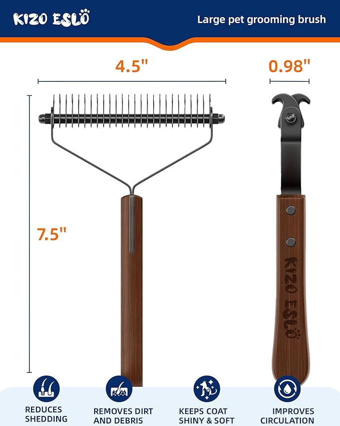 Extra Large 2-Sided Undercoat Rake for Dogs &amp Cats Dog Brush for Shedding Remove Mats Dematting Comb Safe&ampGentle Grooming Brush for German Shepherds Medium to Long-Haired Pets Wooden Handl