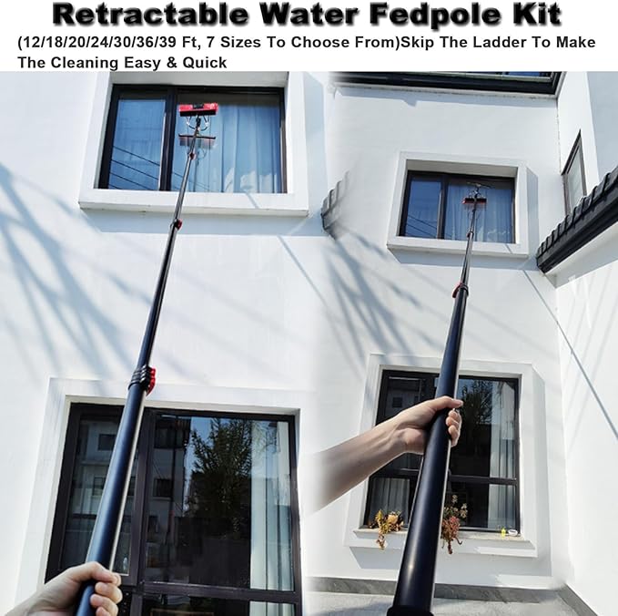 Water Fed Pole Kit 12-39 Feet Water Fed Cleaning Brush with Squeegee &amp Telescopic Brush Window Cleaner &amp Solar Panel Cleaning System Washing Kit for High Window30FT/9M