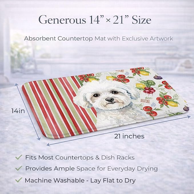 Caroline's Treasures Bichon Frise Vegetables Dish Drying Mat Absorbent Dish Drying Mat Pad for Kitchen Counter Dish Drainer Mat for Countertop 14 x 21 Multicolor