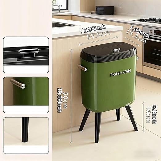 Garbage Can with Legs Dustbin High Foot 15L Large Capacity Household No Bending Wastebasket for Office Bedroom Kitchen Toilet Green