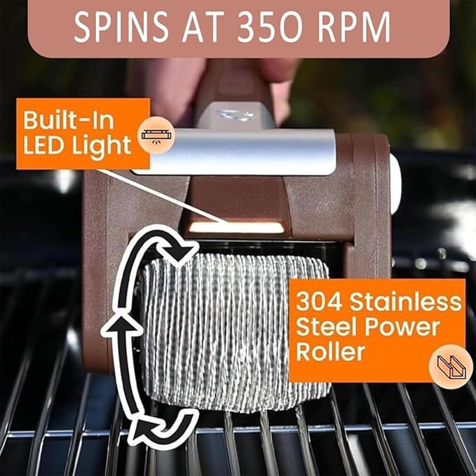 Electric Grill Cleaner with Rotating Brush Head a Highly Efficient Tool for Cleaning Grills Easily Removes Burnt Food Residue.