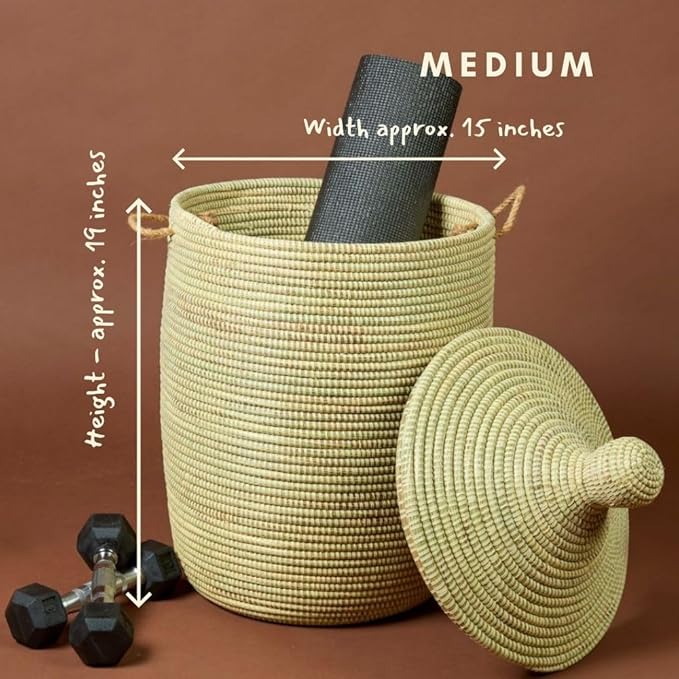 Small Natural Beige Decorative Woven Wicker Basket Hamper - Organize Laundry Toys Blankets Pillows Clothes Towels - Storage Bins for Home Baby Nursery Living Room Bedroom Bathroom