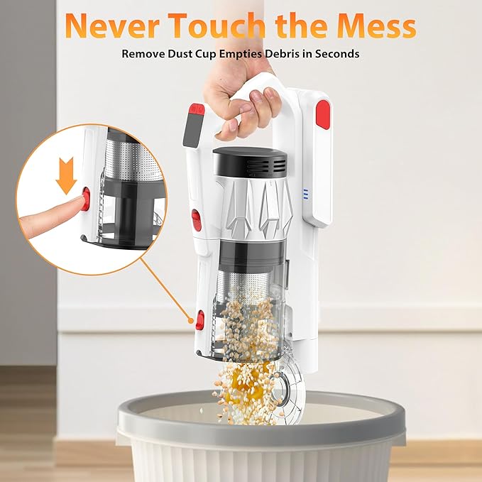 Tikom V750 Cordless Vacuum Cleaner for Home 45000Pa/500W Stick Vacuum with LED Display Charging Wall Dock Anti-Tangle Lightweight Handheld Vacuum for Pet Hair Hard Floor Carpet White