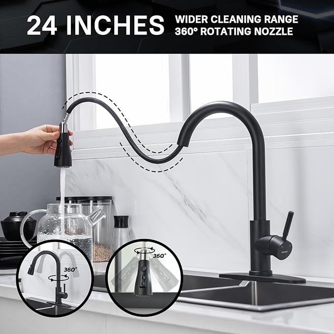 WEWE Kitchen Faucets with Pull Down Sprayer Black Kitchen Faucet Commercial Single Handle Design with Perfect Arc with Hoses for Rv Kitchen Bar (2 Pack)