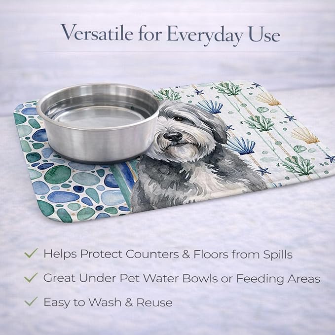 Caroline's Treasures Gray and White Old English Sheepdog Coastal Sea Glass Dish Drying Mat Absorbent Dish Drying Mat Pad for Kitchen Counter Dish Drainer Mat for Countertop 14 x 21 Multicolor