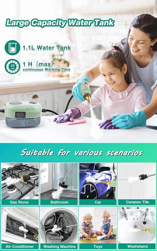 Steam Cleaner 2500W High Pressure Handheld Steamer 6-gears adjustable Portable Steam Cleaning Machine with 6 Brushes Cleaning for Home Use Kitchen BathroomHard SurfaceCar Detailing (Green)
