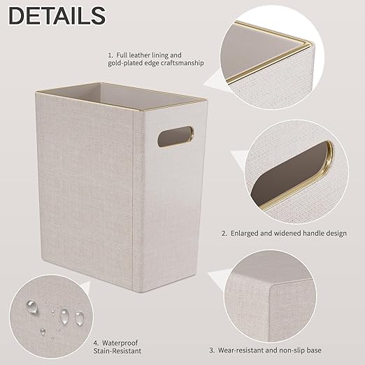 Beige White Trash Can Waste basket3/4 Gallon Office Pu Leather Wastebasket with Gold-Tone Edging Decoration for Bathroom Garbage Cans for Toilet Bedroom Living Room Office home modern decor