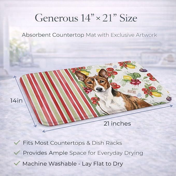 Caroline's Treasures Brindle and White Basenji Vegetables Dish Drying Mat Absorbent Dish Drying Mat Pad for Kitchen Counter Dish Drainer Mat for Countertop 14 x 21 Multicolor