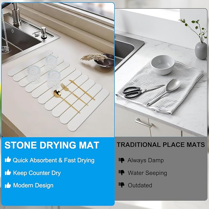 Foldable Stone Dish Drying Mat: Large 24x16 Absorbent Diatomaceous Earth Mat for Kitchen Counter | Quick Drying &amp Heat-Resistant for Dishes Bottles Cups with 2 Coasters