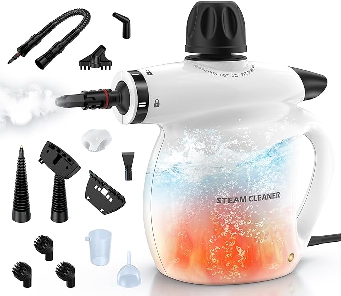 LABIGO Steam Cleaner Pressurized Handheld 13pcs Multi-Purpose Natural Deep Cleaning Steamer Portable Steamer for Cleaning Home Grout Kitchen Car Window Upholstery Bathroom and Clothes White