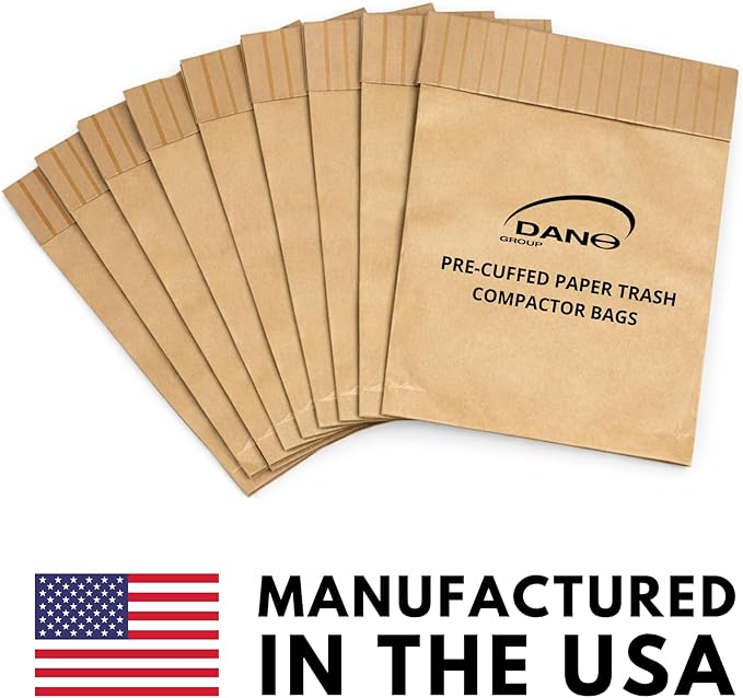 Dano Pre-Cuffed Paper Trash Compactor Bags (12 Pack) | Heavy Duty Kitchen Garbage Compactor Bags &amp Liners | 11 Gallon Precuffed Garbage Bag for Compactor | Eco-Friendly Trash Compactor Bag