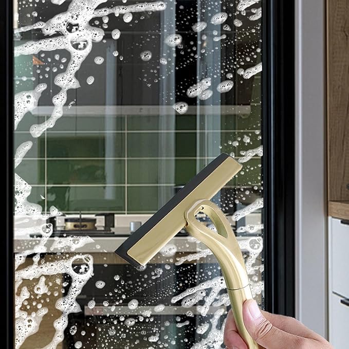 8.9x8.7inch Gold Stainless Steel Shower Squeegee Window Squeegee with Hanging Hook - Glass Wiper Squeegeer Cleaning Tool for Clean Ceramic TileShower Door MirrorWindowCar GlassTable Top