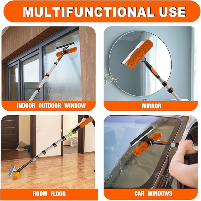 30FT Reach 2-in-1 Window Squeegee Professional Window Washing Kit with 5-24FT Extension Pole for Home Indoor Outdoor Squeegee with Rotatable Head for High Windows