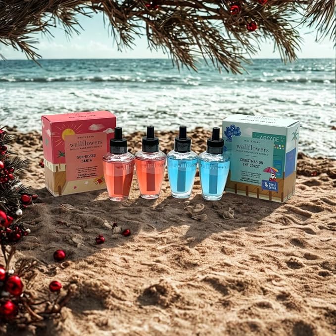 Bath &amp Body Works Wallflowers Refills Christmas Scents 4-Bulb Bundle – Holiday Tropical &amp Coastal Collection – Limited Edition Gift Set with a Blue Bow(Sun-Kissed Santa + Christmas on The Coas