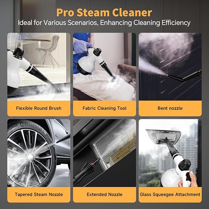 Steam Cleaner Handheld Steam Cleaner for Home 16-Piece Steam Cleaner Kit with Automatic Steam Switch Steamer for Kitchen Bathroom Living Room and Multi-Surface Deep Cleaning (White/Black)