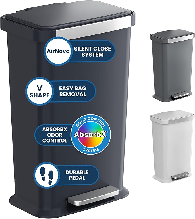 iTouchless SoftStep 13.2 Gal / 50L Step Pedal Kitchen Trash Can with Odor Filter Stainless Steel Trim Dent-Proof Durable Construction Garbage Bin with Lid for Home Office Bedroom Black Plastic