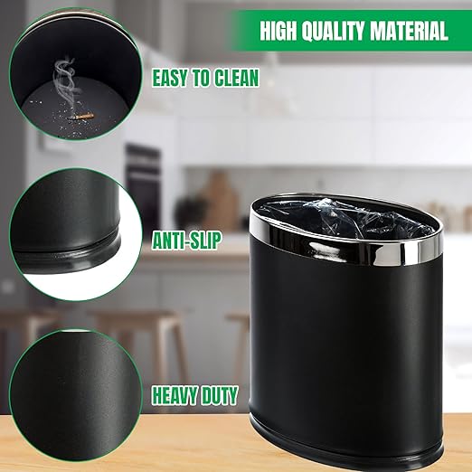 'Invisi-Overlap' Metal Trash Can Open Top Small Office Wastebasket Oval Shape (Black)