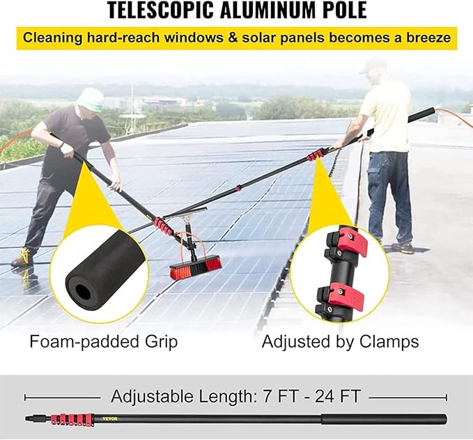 Extendable Solar Panel Cleaning Brush Adjustable Window Cleaning Pole with ScraperOutdoor Window Glass Solar Panel Spray WasherWater Fed Pole Kit/7.2M/24Ft